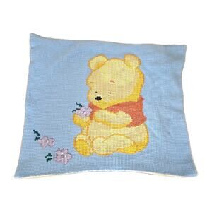 Vintage Crochet Winnie The Pooh Baby Blanket Handmade Y2K 90s Floral Purple Blue